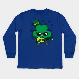 Saint Patrick's Day Cute Kawaii Rocker Guitarist Shamrock Kids Long Sleeve T-Shirt